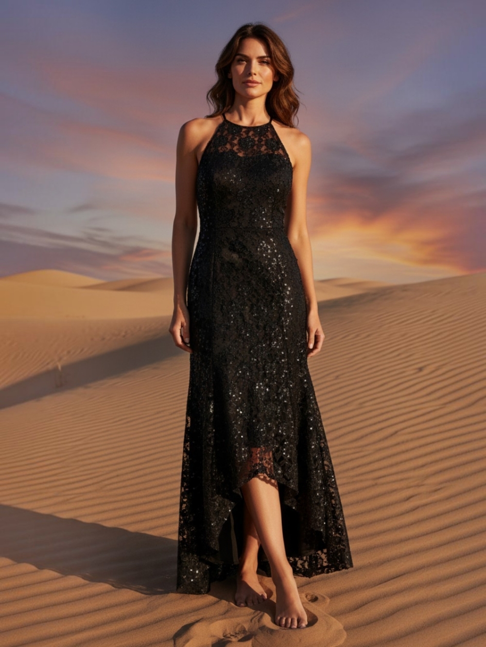 Cache Black High-Low Lace Beaded Evening Dress